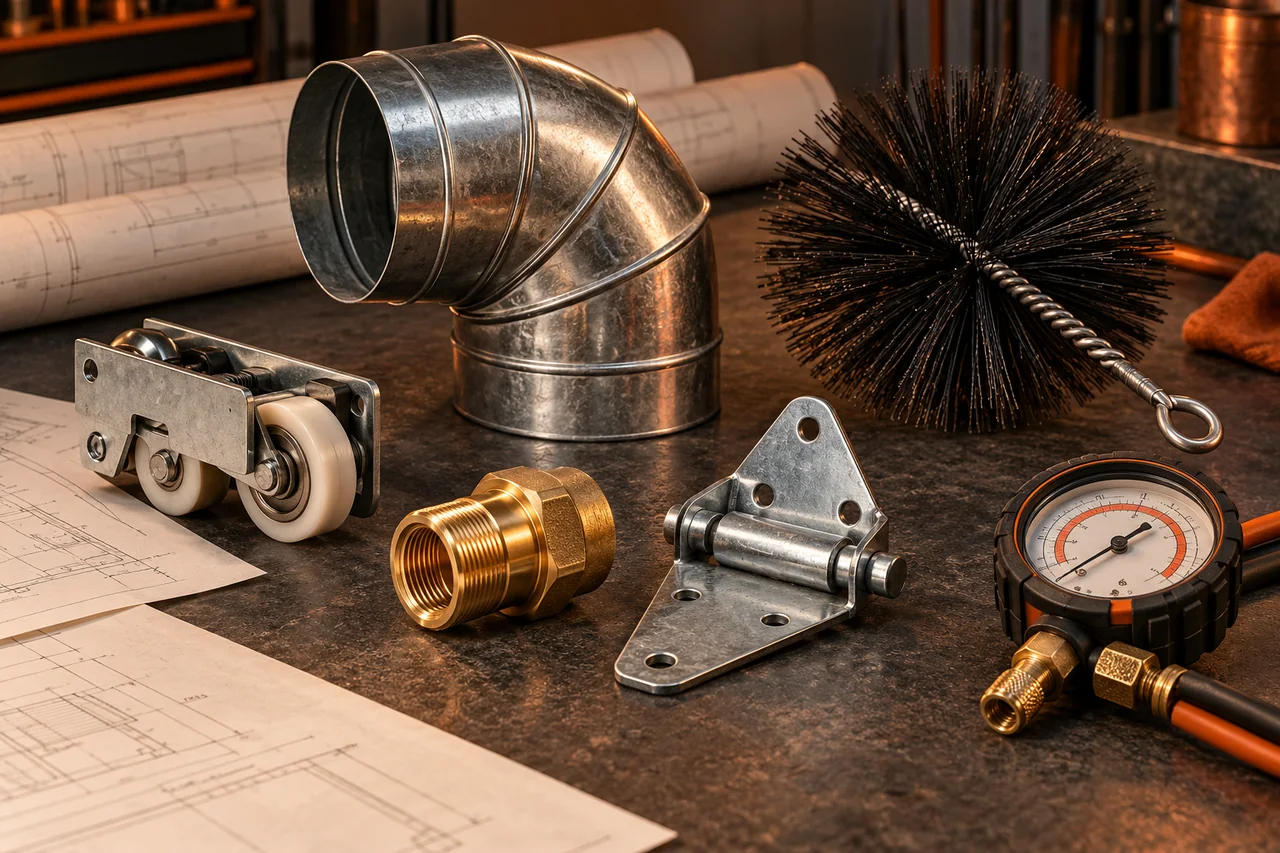 Illustrative workshop still life with components representing several home service trades